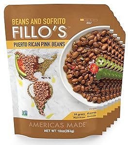 FILLO’S Puerto Rican Pink Beans, Ready to Eat Sofrito Beans, 6 Count, 10 Ounces Each, Seasoned with Fresh Vegetables, Microwavable, Non-GMO, Vegan, Plant Protein