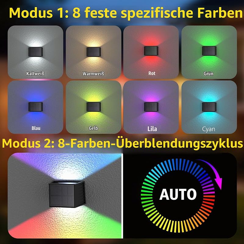 LED Solarlampen für Außen Wand 2 Stück RGB 8 Farben Solar Wandleuchte