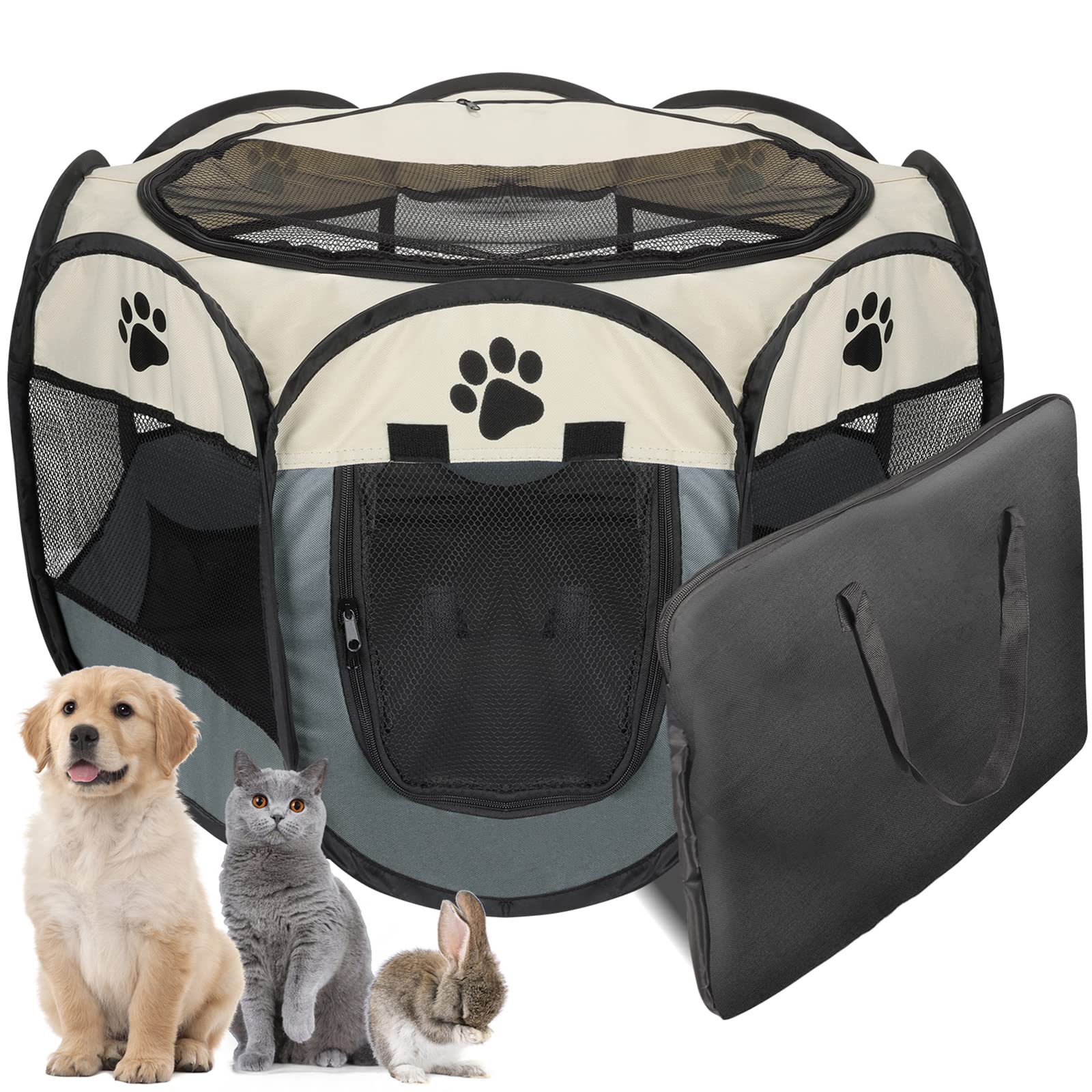 JOiROFLL Portable Puppy Playpen, Dog Cat Pet Pen for Indoors Outdoor Foldable Pet Carrier Exercise Kennel Cage Tent for Rabbit Hamster Guinea Pig 91 x 91 x 58cm, Grey