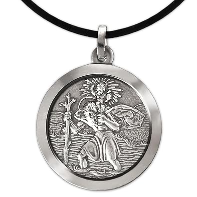 Clever Schmuck Set Silberner Anhänger Vorderseite Heiliger Christopherus Ø 24 mm antik geschwärzt glänzend Rückseite matt STE