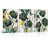 VANSEEING 3 Pieces Canvas Wall Art Emerald Green Rose Flower Butterfly Painting Modern Green Gold Abstract Marble Pictures Prints Artwork Wall Decor for Home Office Bedroom Living Room 16x24inchx3
