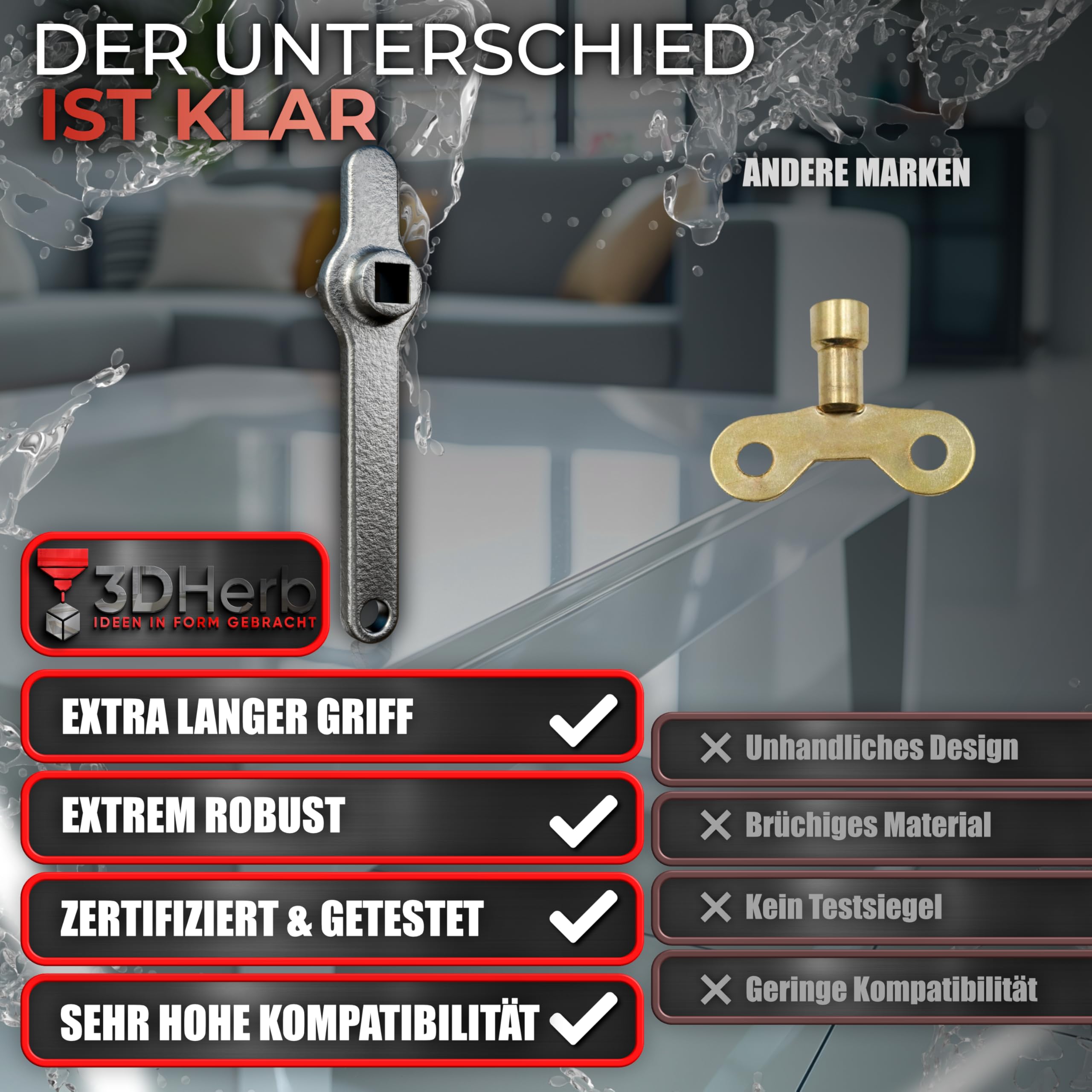 3DHerb Entlüftungsschlüssel, Edelstahl Heizungsschlüssel, Heizkörper Entlüftungsgriff, Vierkantschlüssel, Heizung entlüften, aus hochwertigem Edelstahl - DAS ORIGINAL - 6