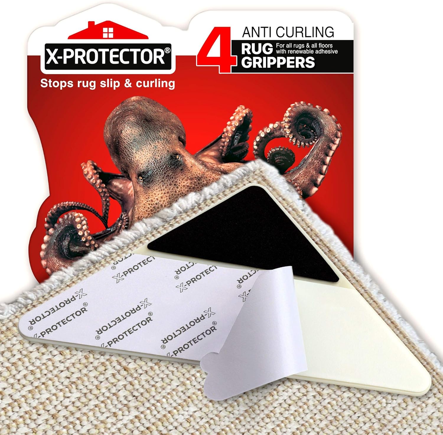 X-Protector Rug Grippers Best 4 pcs Anti Curling Rug Gripper - Keeps Your Rug in Place & Makes Corners Flat -Triangle Carpet Gripper with Renewable Carpet Tape – Ideal Non Slip Rug Pad for Your Rug!: Furniture & Decor