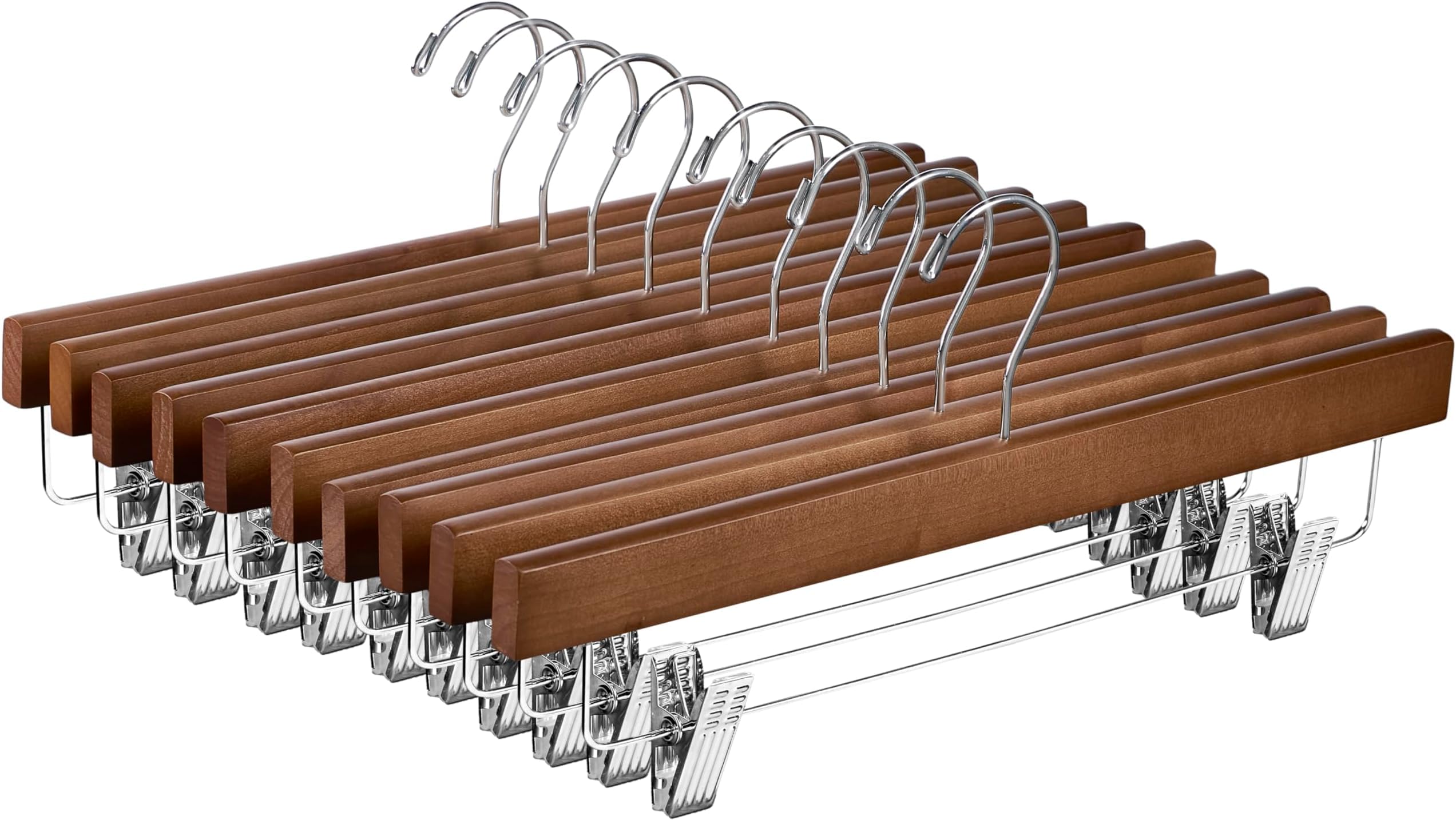 High-Grade Wooden Trouser Hanger with Clips (10 Pack) - Durable 360° Hook with Non Slip Adjustable Clips for Pants, Skirts, Jeans, Slacks & Shorts