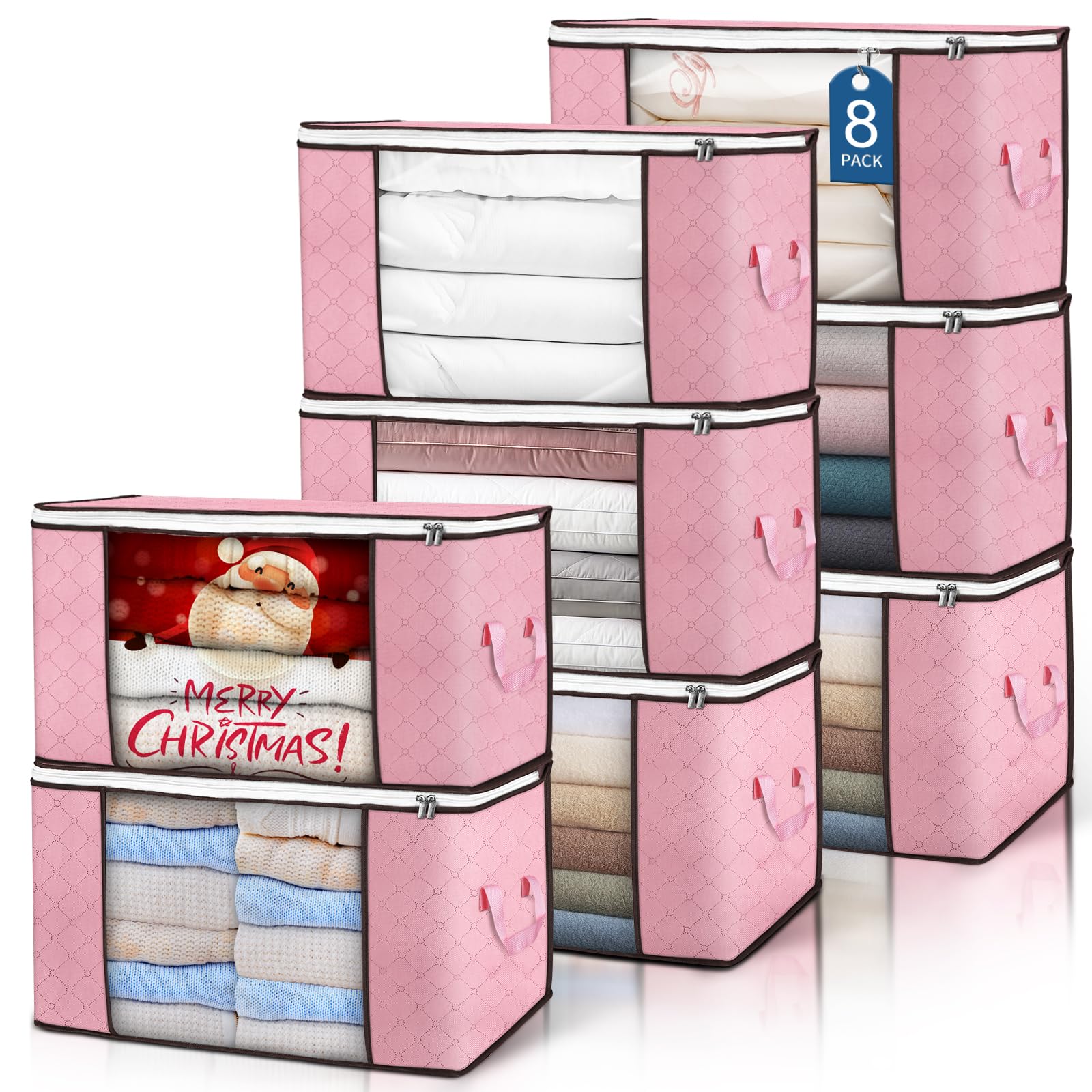 90 L Large Storage Bags, 8 Pack Clothes Storage Bins Foldable Closet Organizer Storage Containers with Durable Handle Storage and Organization, Blanket, Comforters, Bed Sheets, Pillows and Toys (Pink)