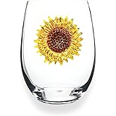 THE QUEENS' JEWELS Sunflower Jeweled Stemless Wine Glass, 21 oz. - Unique Gift for Women, Birthday, Cute, Fun, Not Painted, Decorated, Bling, Bedazzled, Rhinestone