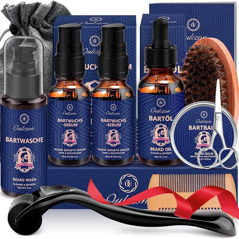 Oukzon 11 in 1 Beard Grooming Kit for Men with Derma Roller 2 Pack Serum