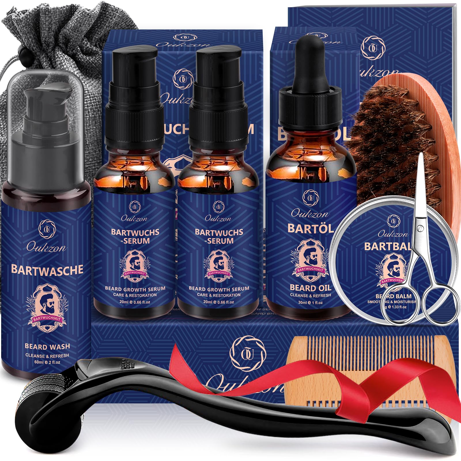 Oukzon Beard Growth Kit for Men w/Derma Roller, 2 Pack Beard Growth Serum, Upgraded 11 in 1 Beard Grooming Care Kit w/Beard Oil, Shampoo, Balm, Brush, Comb, Scissor, Christmas Gifts for Men, Him, Dad