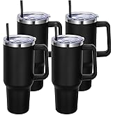 DOMICARE 40 oz Tumbler with Handle and Straw, Stainless Steel Tumbler with Lid and Straw, Reusable Vacuum Insulated Cup, Travel Coffee Mug, Black, 4Pack