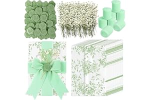 50 Set Wedding Invitation Kit, Pre-Folded Green Vellum Jackets for 5×7 Invitations with Wax Seal Stickers, Ribbon & Dried Flo