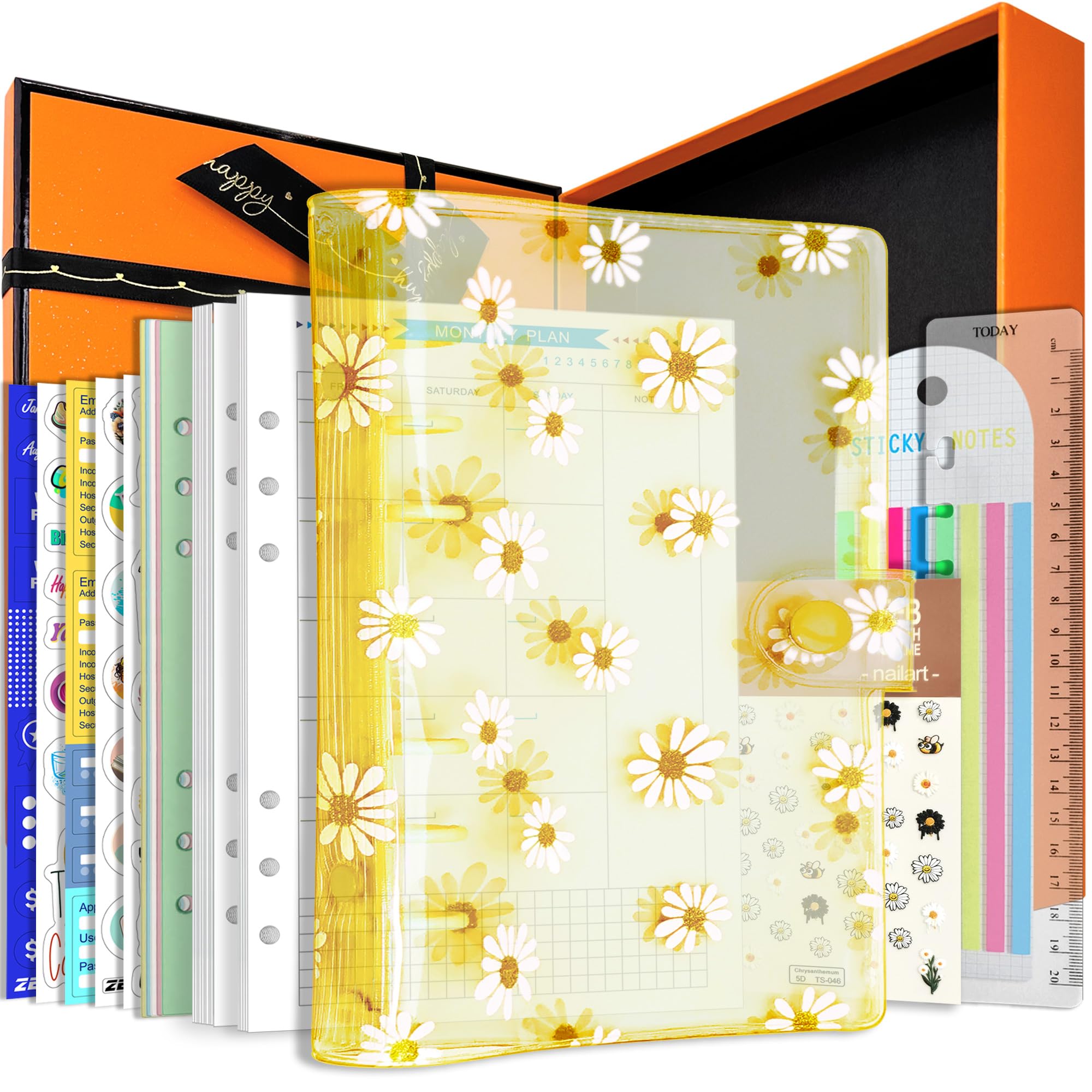 A5 6-Holes Colorful PVC Cover Round Ring View Binder with Snap Button Closure File Folder(Yellow Daisy, A5 Gift Box)