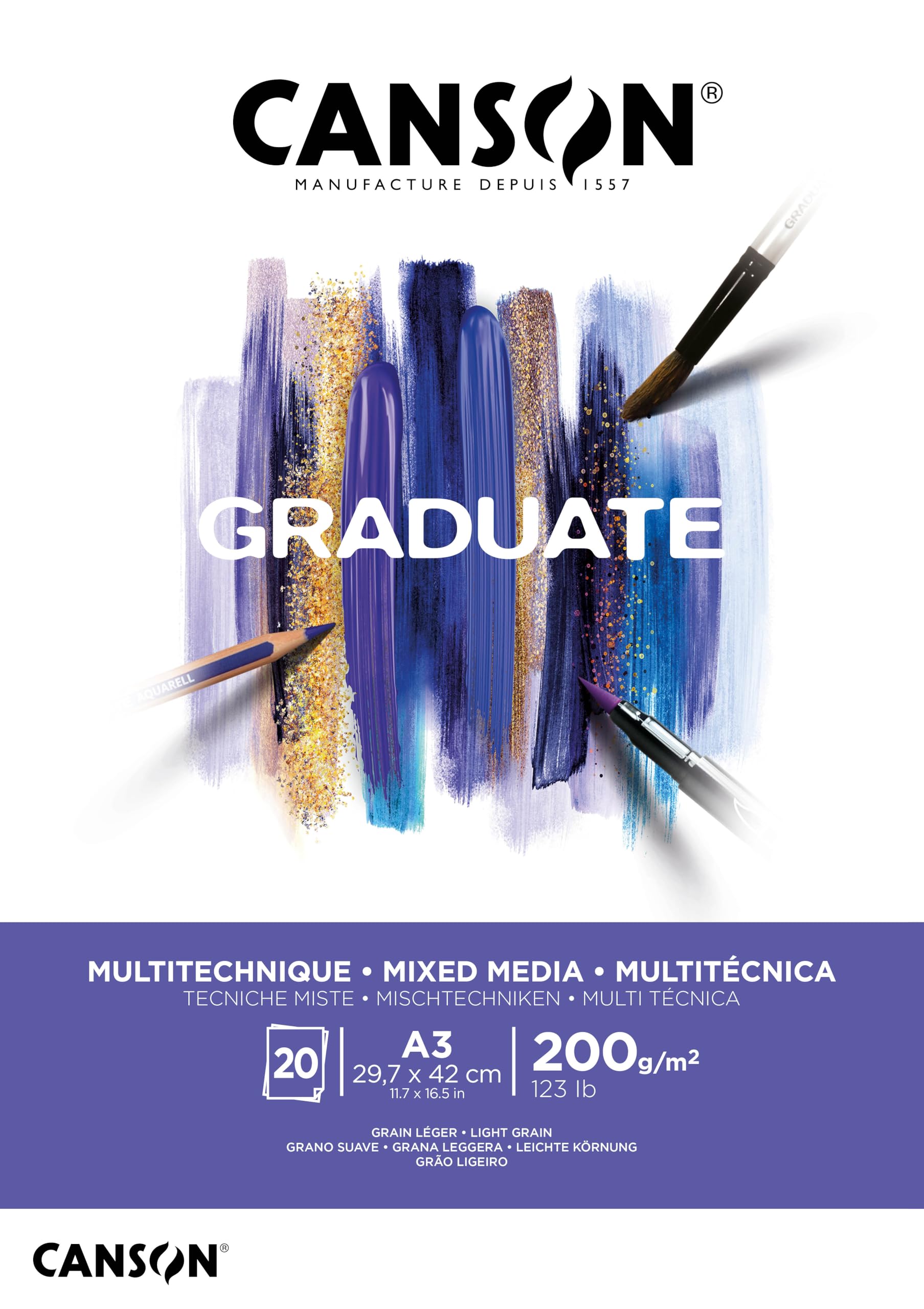CANSON Graduate Mixed Media 200gsm A3 Paper, Light Grain, Pad Glued Short Side, 20 Bright White Sheets, For Student Artists