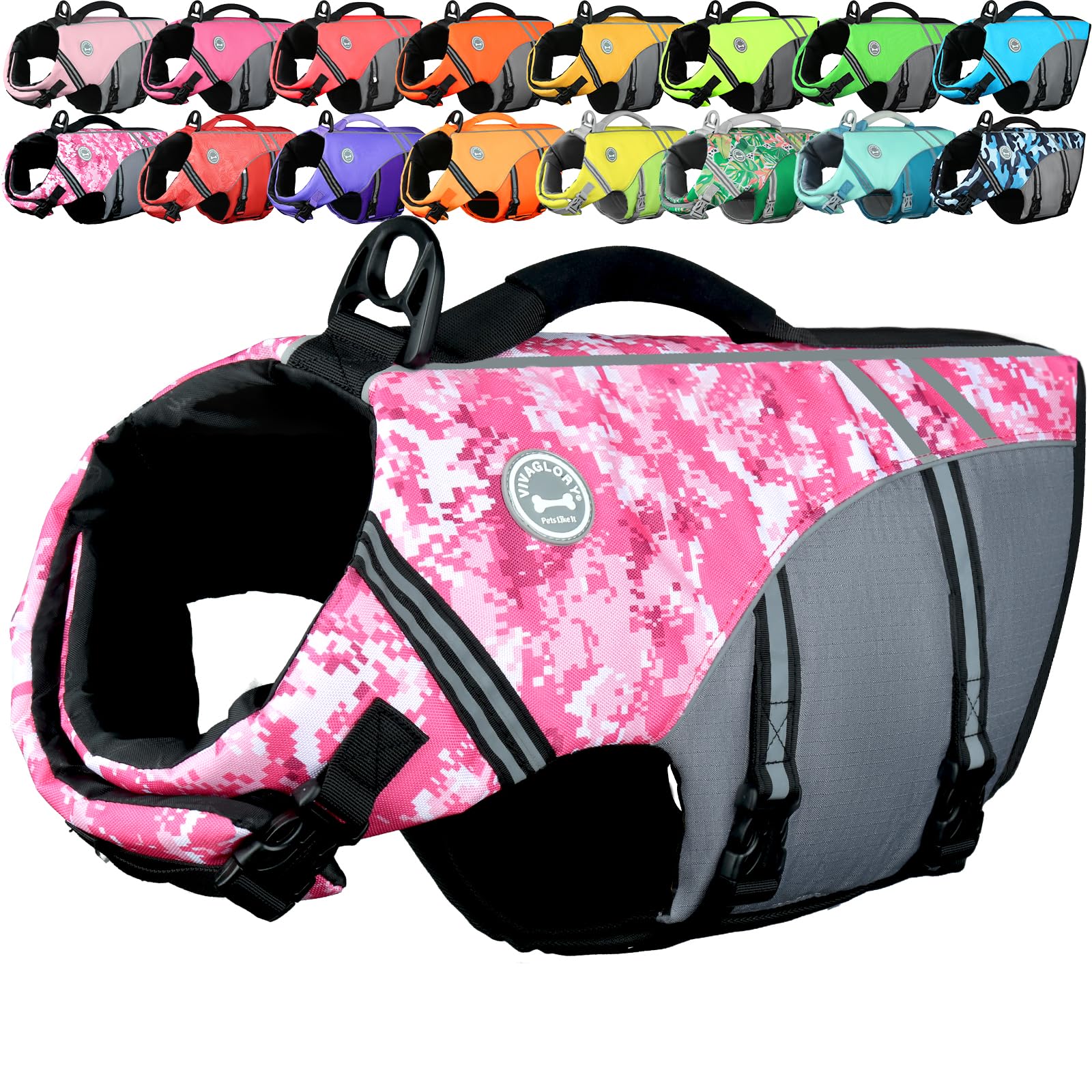 VIVAGLORY Sports Style Dog Life Jacket, Dog Buoyancy Jacket for Swimming & Boating, Ripstop & Buoyancy for Doggy, Life Vest with Handle, S, Camo Pink