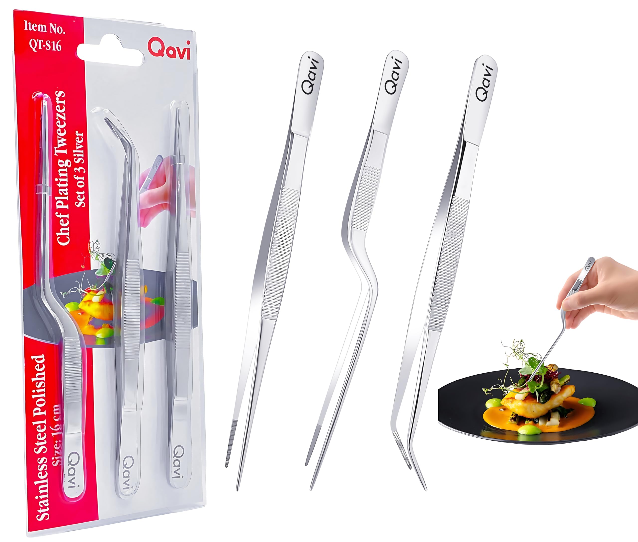 Professional Chef Plating Tweezers, 16cm/6.3-Inches Set of 3 (Straight, Curved and Offset), Precision Culinary Tongs, Hand Made from High-Grade Stainless Steel Polished | 16cm Silver