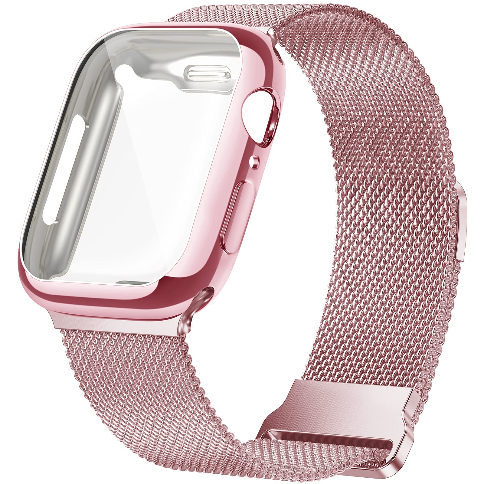Photo 1 of Geoumy Metal Magnetic Bands Compatible for Apple Watch Band 44mm with Case, Stainless Steel Milanese Mesh Loop Replacement Strap Compatible with iWatch Series 10-1 SE Women Men, Rose Rose Pink