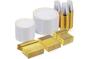Goodluck 600 Pieces Gold Disposable Plates for 100 Guests, Plastic Plates for Party, Dinnerware Set of 100 Dinner and 100 Dessert Plates, 100 Spoons, 100 Forks, 100 Knives, 100 Cups