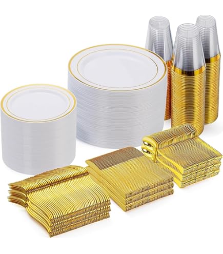 350PCS Clear And Gold Plastic Dinnerware Set Include Clear Disposable Plates Gold Plastic Silverware Heavy Duty Cups Napkins Birthday Weddings Parties