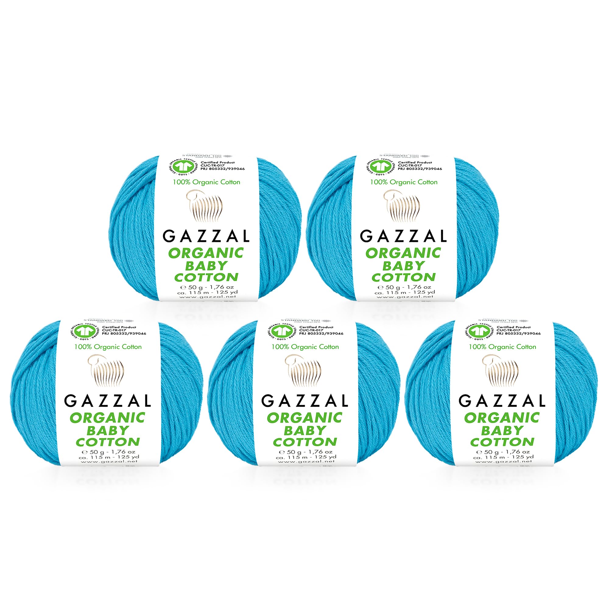 5 Ball (Pack) Gazzal Organic Baby Cotton Yarn, Total 8.8 Oz. 100% Organic Cotton, Each 1.76 Oz (50g) / 125 Yrds (115 m), 3 Light DK, Turquoise - 424