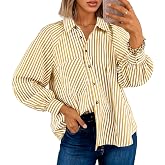 Tankaneo Womens Long Puff Sleeve Tops Button Down Shirts Fall Casual Blouse | Long Sleeve, Striped, Trendy, Casual, Loose Fit, V Neck, Collared