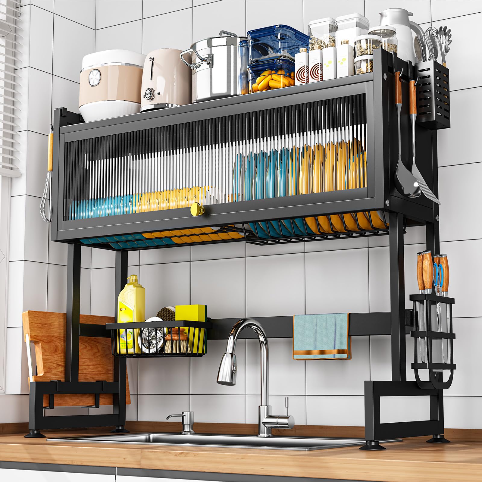 SNSLXH 𝐋𝐚𝐫𝐠𝐞 2-Tier Over The Sink Dish Drying Rack, 33.66"×31.1"×11.81", Large Sink Rack for Kitchen, Saving Kitchen Space, Cover Design Holds Dishes, Bowls, and Cutlery, Kitchen Sink Shelf Image