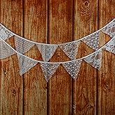 LOVENJOY White Floral Lace Pennant Banner, Fabric Triangle Lace Bunting Flag Garland - 10.8 Feet