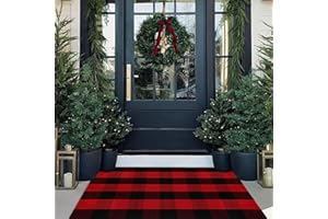 CAINANEL Christmas Door Mat Outdoor 27.5"x43" Buffalo Plaid Christmas Decor Rug Cotton Hand-Woven Layered Door Mats Washable Carpet for Front Porch, Kitchen, Farmhouse, Entryway