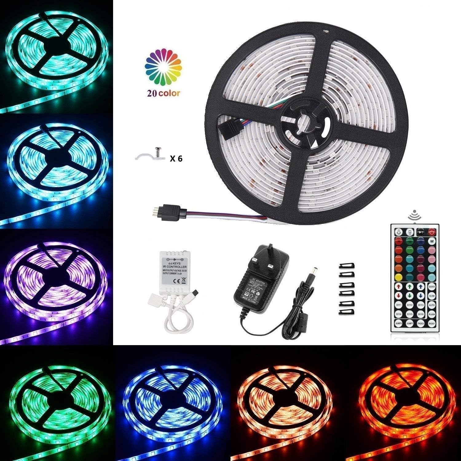 LEHOU Waterproof LED Strip Lights, 16.4ft/5m RGB 5050 LED Rope Lights Color Changing Full Kit with 44keys IR Remote Controller & 3A Power Supply for Indoor/Outdoor Garden Kitchen Cabinet Home Lighting