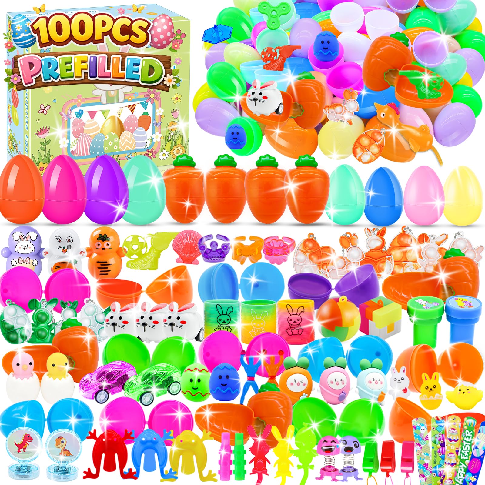 HOLILURE 100 Pack Prefilled Easter Eggs with Toys Inside, Plastic Basket Stuffers Fillers Party Favors Supplies Hunt Games Save Time Gifts