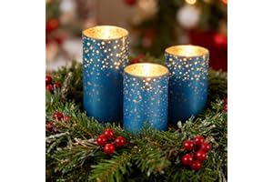 M Mirrowing Blue Glass Flameless Candles, Set of 3 (D:3" x H:4" 5" 6") Battery Operated Candles with Remote Control, AA Batte