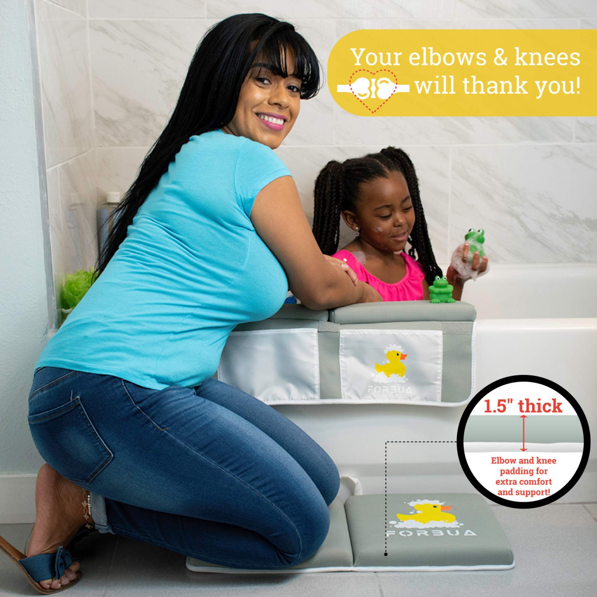 Bath Kneeler with Elbow Pad Rest Set for Extra Comfort and Support - Bath Kneeler and Elbow Rest Reduces Pain on Knees and Elbows - Bath Kneeling Pad with Non-Slip Base, 4 Large Toy Organizer Pockets