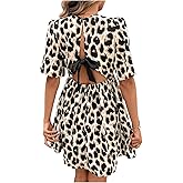 SweatyRocks Women's Leopard Print Bowknot Puff Short Sleeve Dresses Summer Casual V Neck Wrap Front Dress