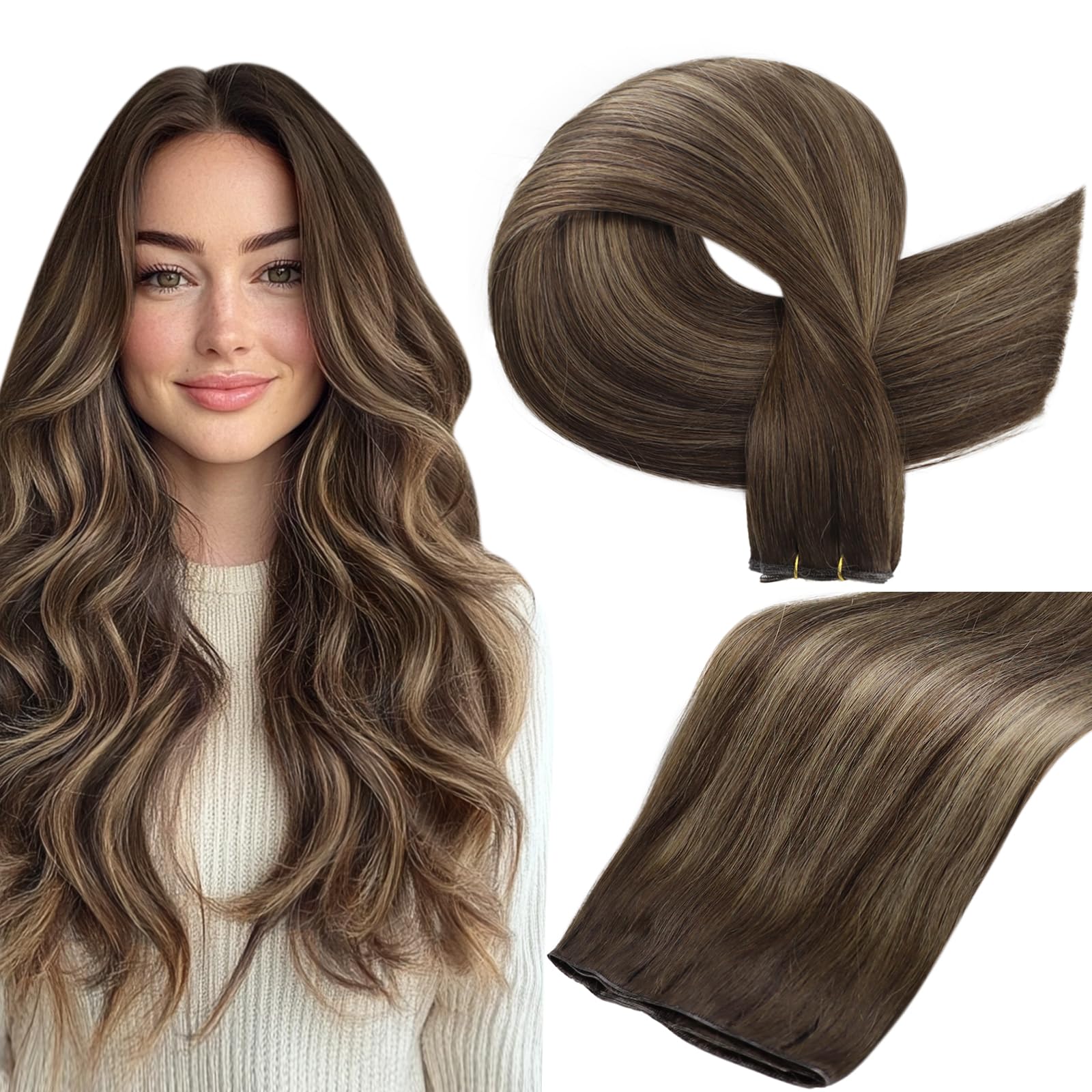 Photo 1 of Full Shine Weft Hair Extensions Human Hair Genius Weft Human Hair Extensions Hand Tied Sew In Balayage Darkest Brown To Light Brown Mix Darkest Brown Hair Bundles 16 Inch 50G