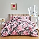 Flower Comforter Sheet Set Gray Bed in a Bag 7 Pieces Queen Size Pink White Floral Microfiber Reversible Bedding Set (1 Comforter 2 Pillow Shams 1 Pink Flat Sheet 1 Fitted Sheet 2 Pillowcases)