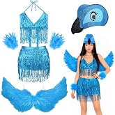 JcHrmers 6 Pcs Halloween Macaw Costume Include Fringe Belly Dance Outfit with Halter Top,Skirt, Bird Hat,Faux Feather Wings and Wrist Cuffs for Women Party Dress Up
