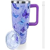 Lumumanber 40 oz Purple Butterfly Tumbler with Handle and Straw, Travel Mug Water Bottle, Stainless Steel Insulated Cup with Lid and Straw, Birthday Christmas Gifts