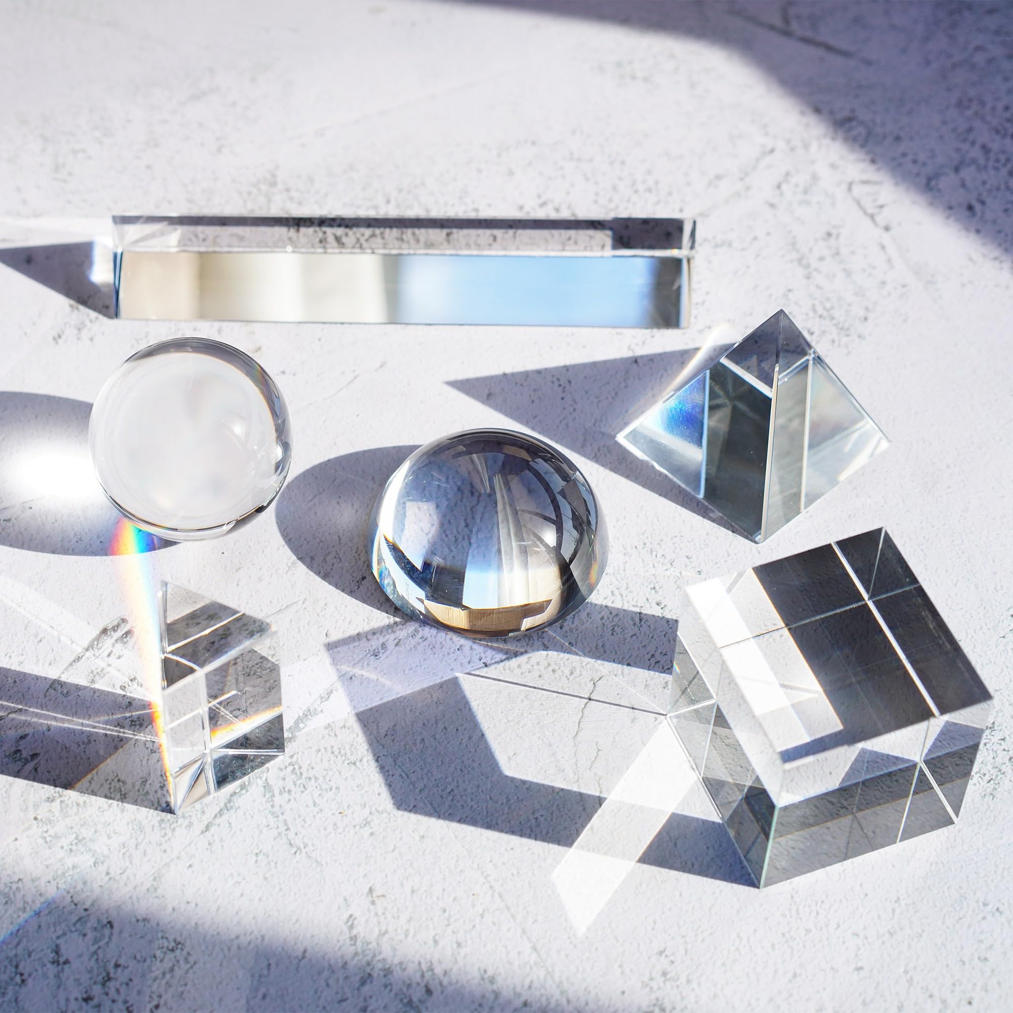 QFkris 6 Pack K9 Optical Crystal Photography Prism Set, Include 50mm Crystal Ball, Cube,Optical Pyramid, 50mm & 150mm Triangular Prism,60mm Dome Magnifying with Cloth for Teaching, Playing