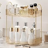 YCIA&DONE Bathroom Organizer Countertop, Makeup Storage, Skincare Cosmetic Tray Shelf, Perfume Holder Rack for Vanity Counter, Large Capacity, Easy to Install, Clean, 2 Tiers, Amber Gold