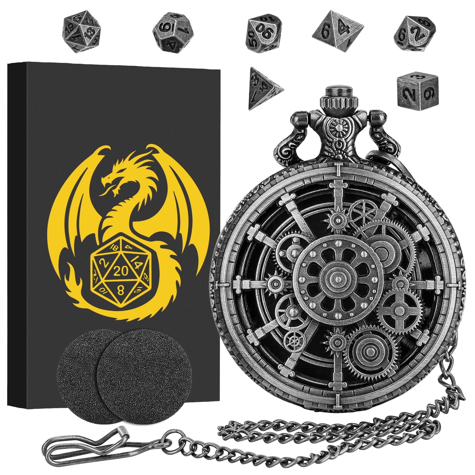 Mini DND Dice Set with Steampunk Hollow Gear Pocket Watch Shell Case, 7pcs Polyhedral Metal D&D Dice Set, DND Gifts with Gift Box, Role Playing Board Games Accessories, Dark Silver