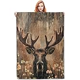 Moose Blanket Gifts for Adults Kids Soft Warm Lightweight Cozy Vintage Wooden Animal Floral Throw Blankets for Bed Sofa Couch Living Room Decor 50x60in