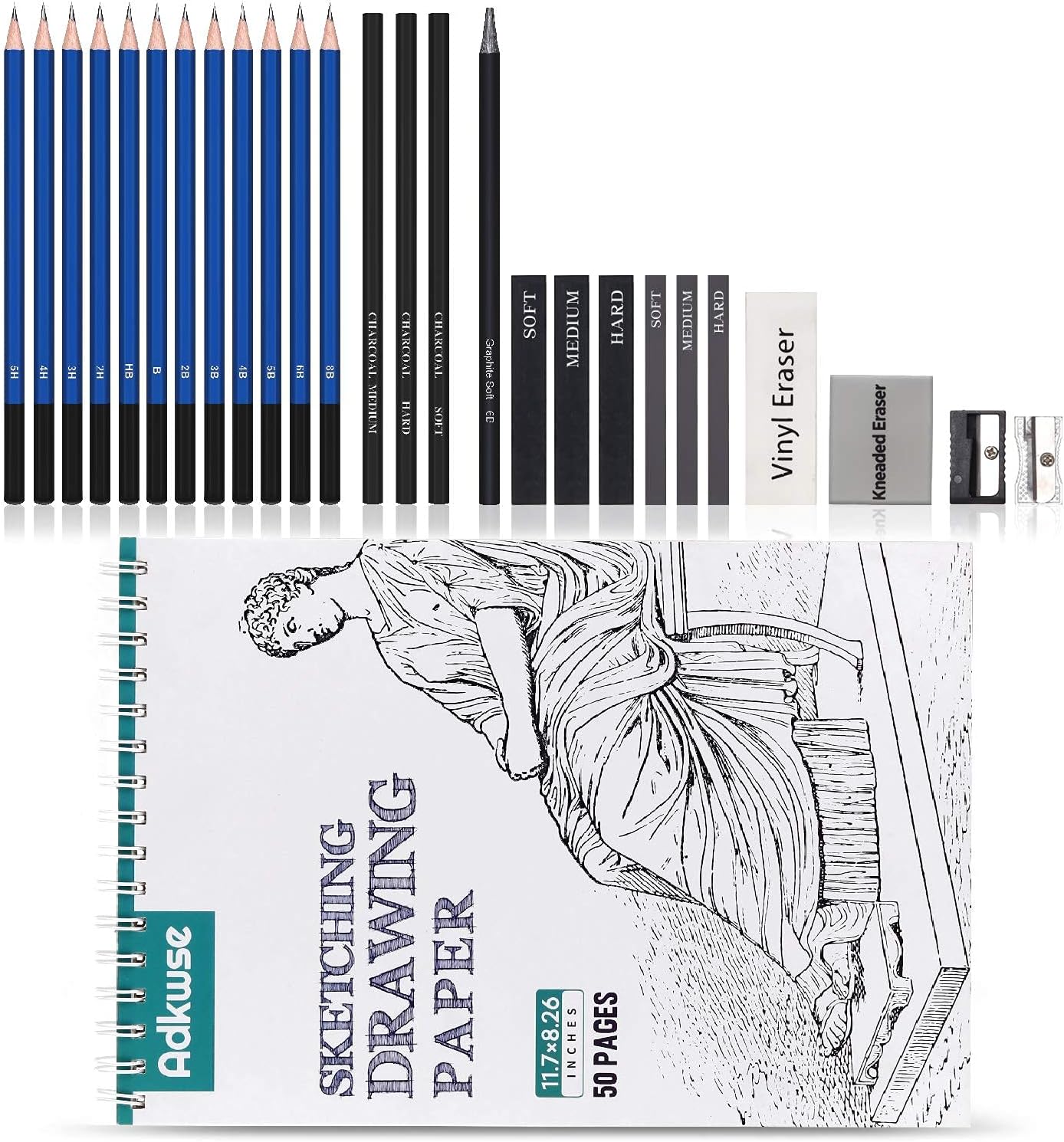 Adkwse Sketch Pencils Set, Art Supplies, Drawing Set, Graphite and Charcoal Pencils, 100 Page Drawing Pad and Kneaded Eraser, Art Kit and Supplies for Kids, Teens and Adults, Sketch Set : Office Products