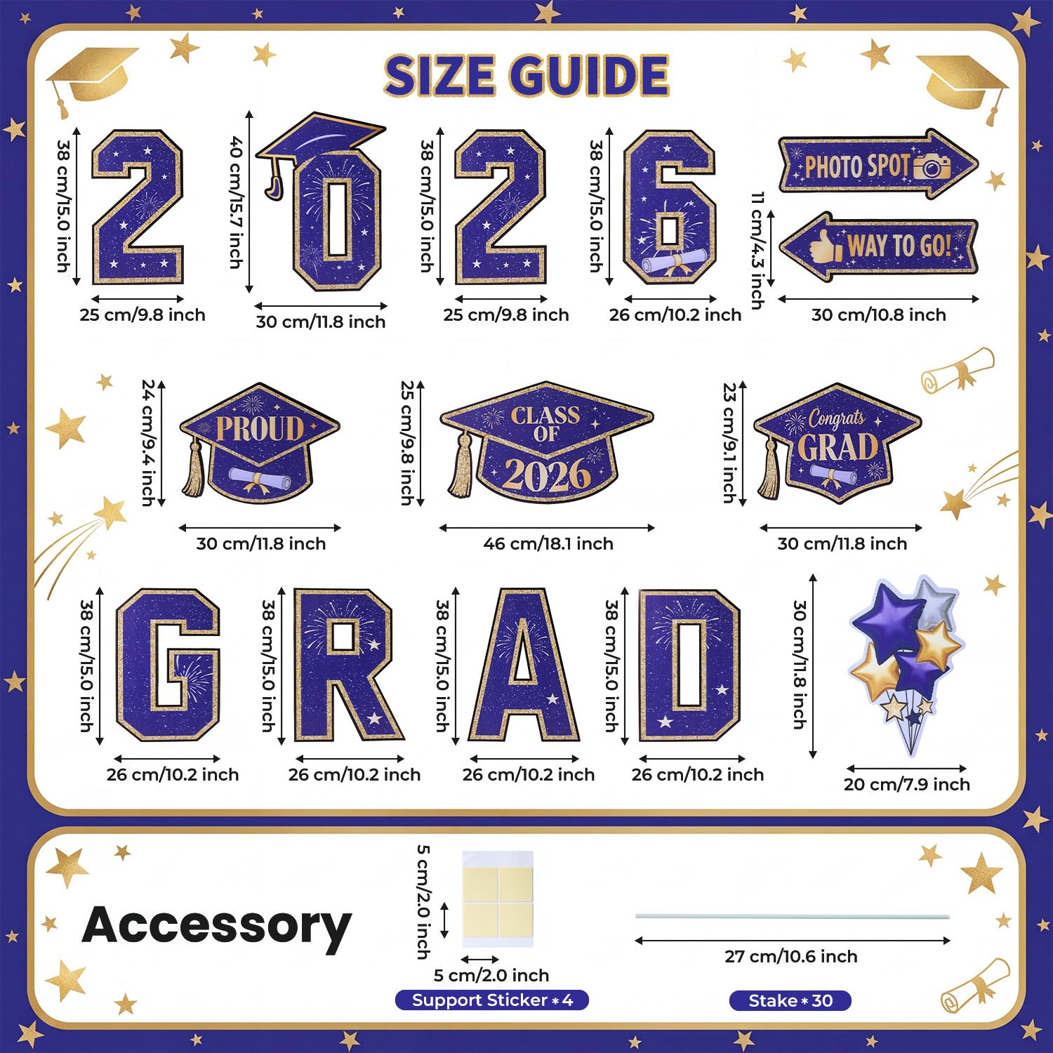 Condition photo showing New/Like New for wothfav 2026 graduation yard signs, 15 pcs blue and gold congrats grad lawn signs with stakes, class