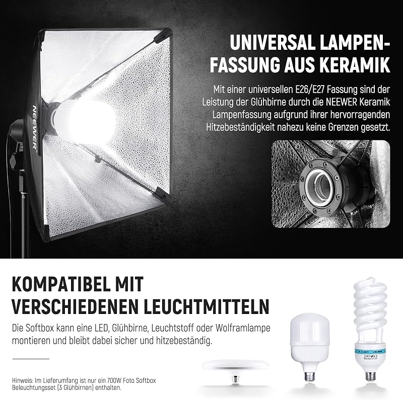 Softbox Beleuchtungsset, äquivalent zu 700W, 3er Pack CE & UKCA zertifizierte 5700K LED Glühbirnen, 24x24 Zoll Softboxen mit E27 Fassung, Fotografie Dauerlichtset, Fotostudio Ausrüstung