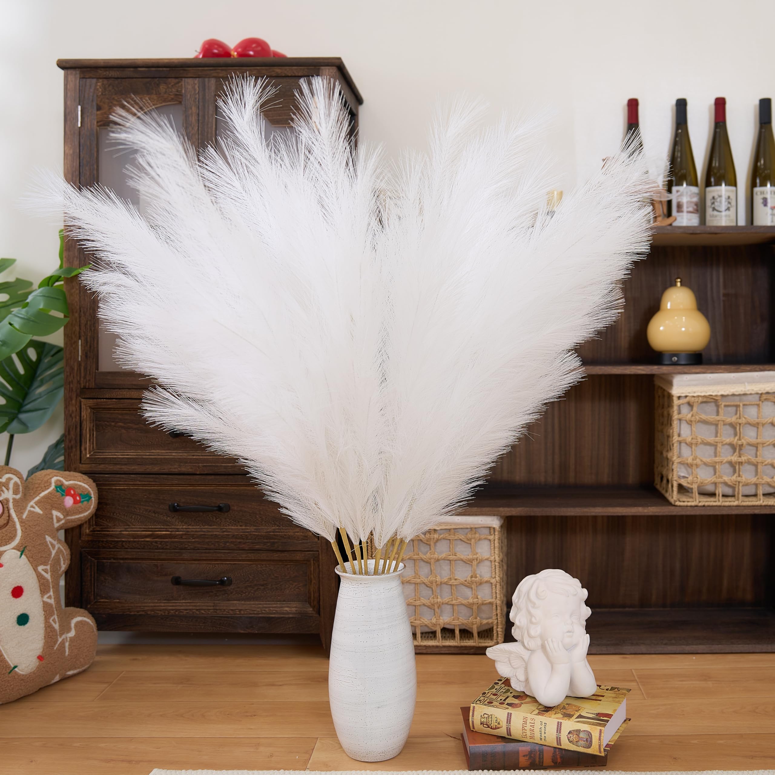 Premium Faux Pampas Grass Decor Tall,8pcs 43.3"/110cm Large Artificial Pampas Floral Fluffy,Long Feather Flowers for Boho Wedding Arangement Bedroom Living Room Decorations (white, 8pcs 43.3"/110cm)