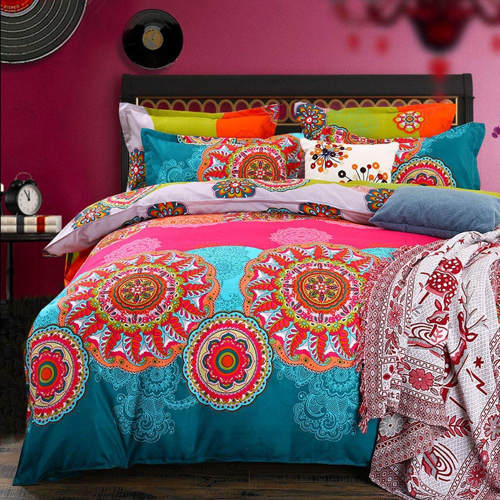 Loussiesd Bohemian Bedding Collection Double Size Southwestern Comforter Cover Decoration Ethnic Vintage Floral Sheet with 2 Pillow Shams Zipper Soft Microfiber Bohemia Pattern Quilt Cover 3 Pieces