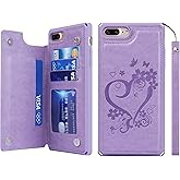 iCoverCase Compatible with iPhone 8 Plus/7 Plus Wallet Phone Case with Card Holder for Women, RFID Blocking Embossed PU Leather Wrist Strap Case (Heart Purple)
