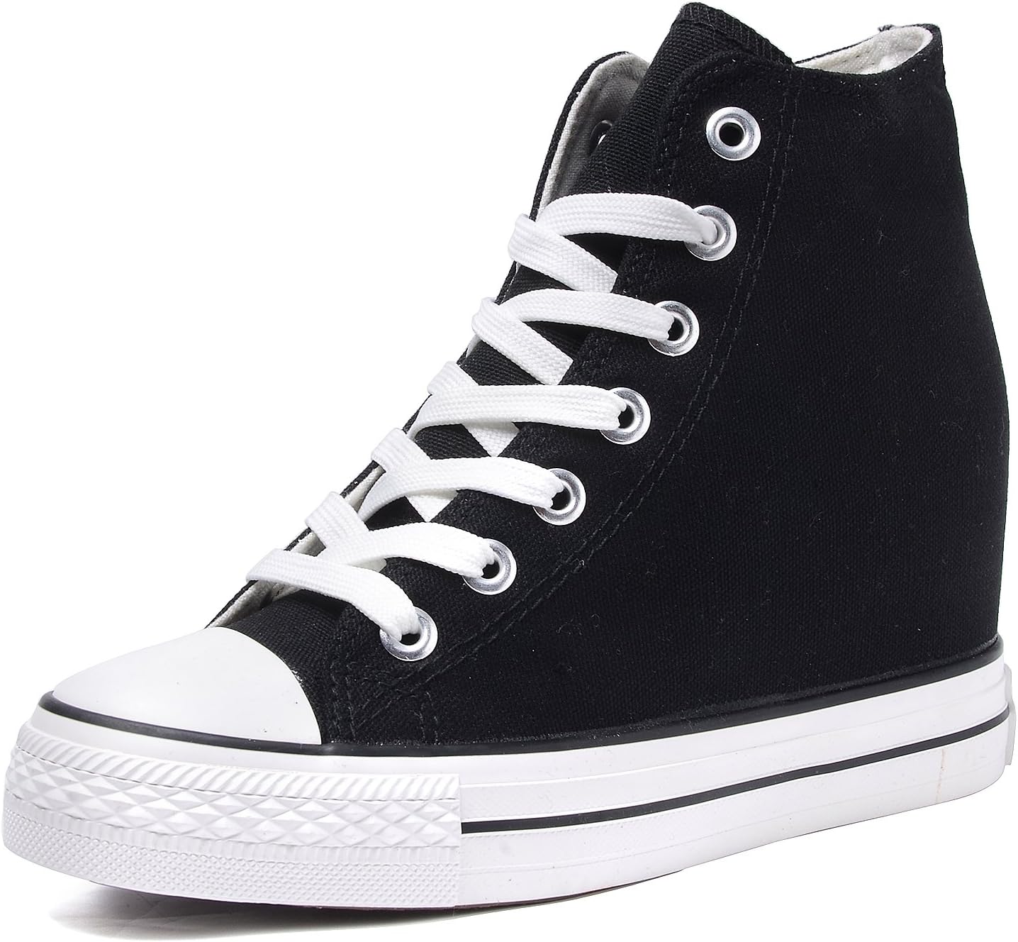 Catata Womens Casual Canvas Shoes Lace Up High Top Hidden Heeled Wedges Platform Fashion Sneakers Black