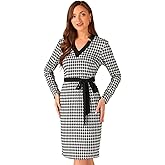Allegra K Fall Vintage Dresses for Women's V Neck Houndstooth Knit Belted Long Sleeve Pencil Dress