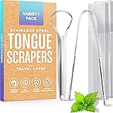 BASIC CONCEPTS Tongue Scraper for Adults (2 Pack Variety + 2 Cases), Tongue Cleaner for Adults, Reduce Bad Breath, Stainless 