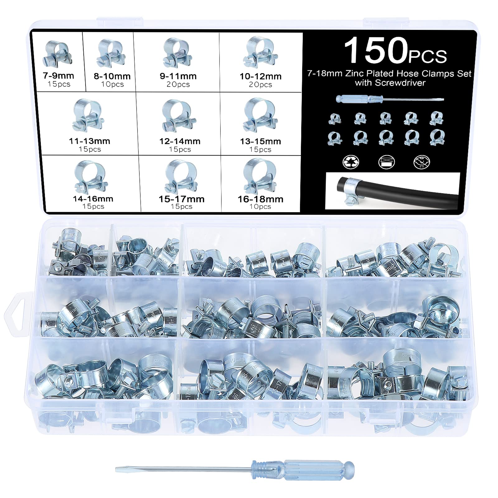 Faankiton 150PCS Hose Clamps Set, 7-18mm Zinc Plated Fuel Injection Hose Clamps Clips, Adjustable Pipe Hose Clip Tube Clamps for Washing Machine Sewer Pipes, Wire, Hoses with One Slotted Screwdriver