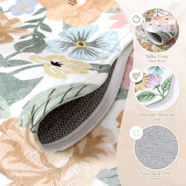 WONNITAR WASHABLE 3X5 BEDROOM RUG, SOFT CAMELLIA FLORAL AREA RUGS FOR LIVING ROOM, NON SLIP BOHO FLOWER NURSERY RUG SCALLOPED THROW CARPET FOR KIDS ROOM BEDSIDE ENTRYWAY LAUNDRY ROOM (BEIGE,3’X5′)